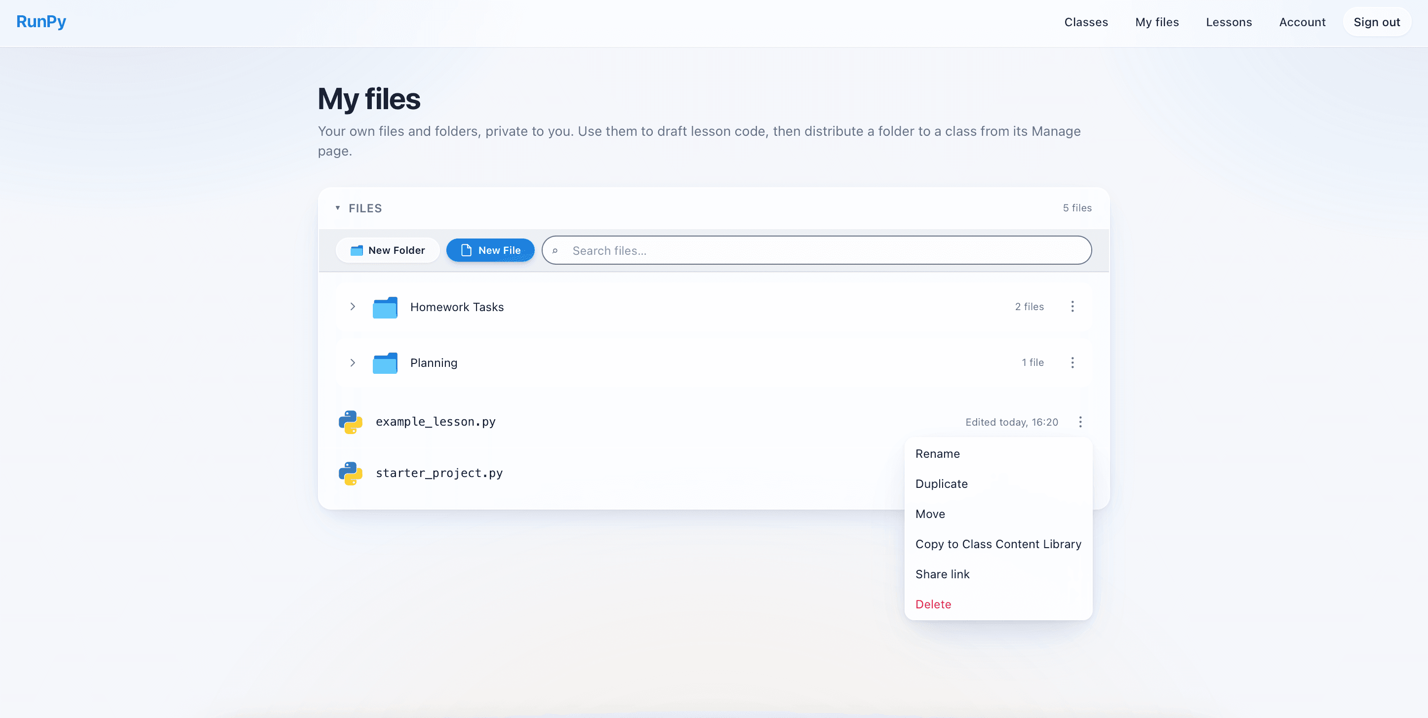 My Files page showing folders and files across Python, HTML and text in a single organised tree.