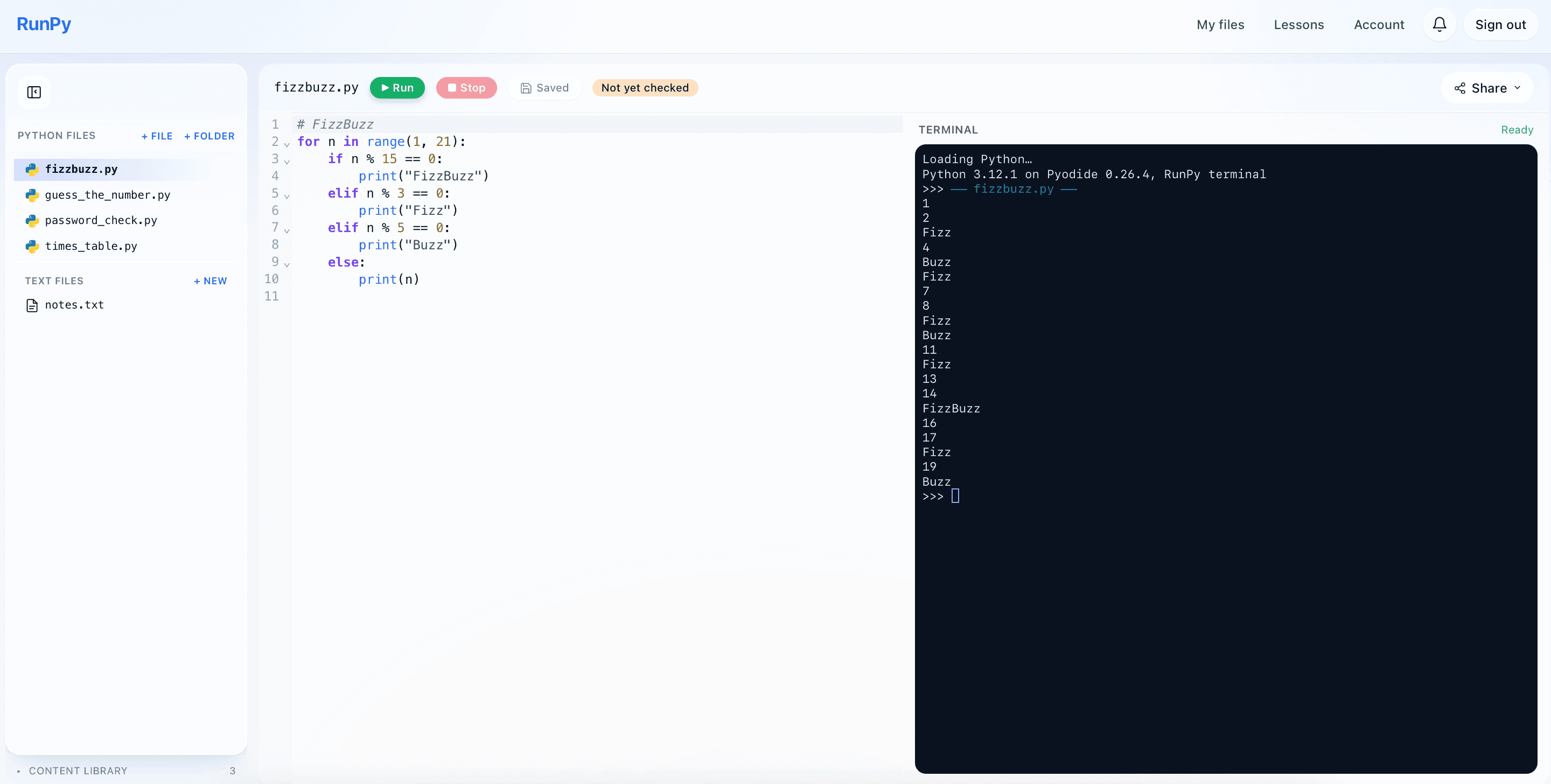 RunPy IDE with the file sidebar open on the left, a Python program in the editor, and the terminal on the right.