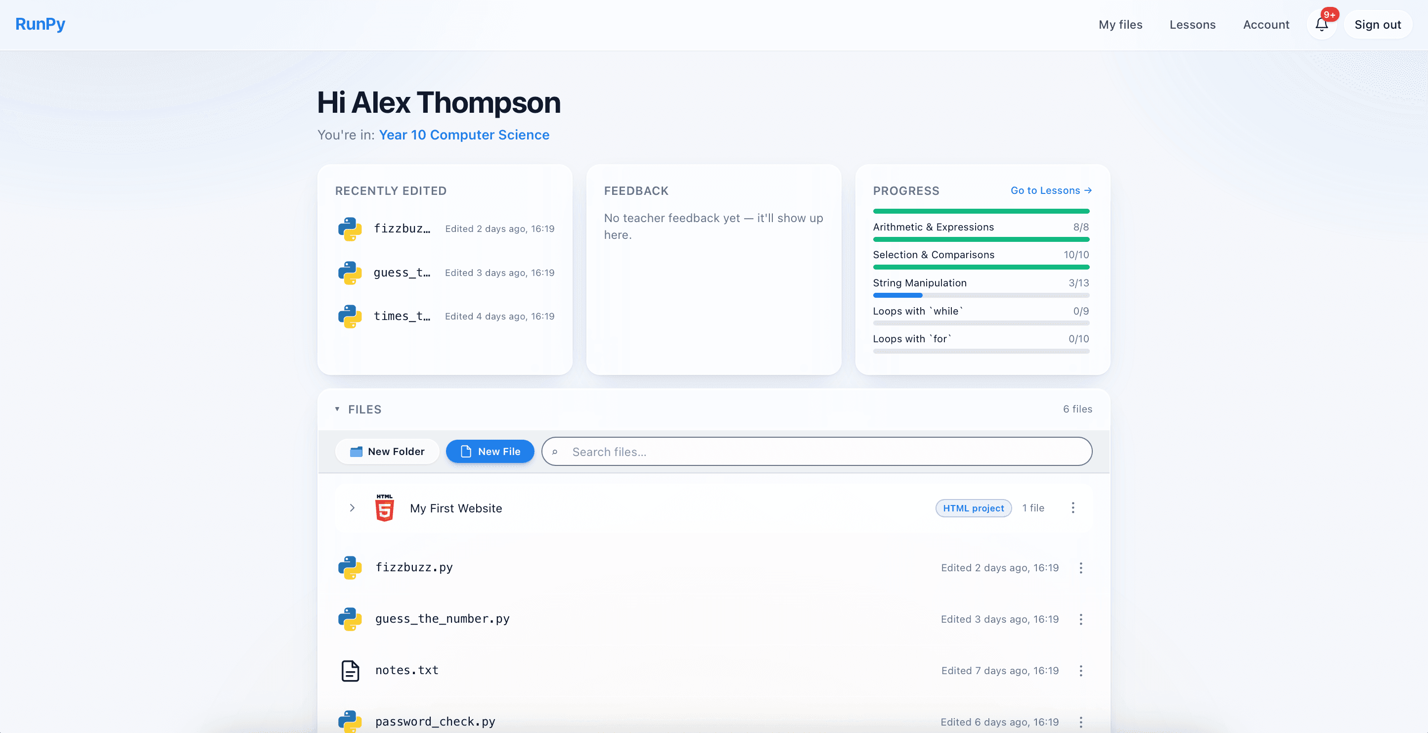 Student dashboard with Recently edited files, Teacher feedback and Lesson progress cards.