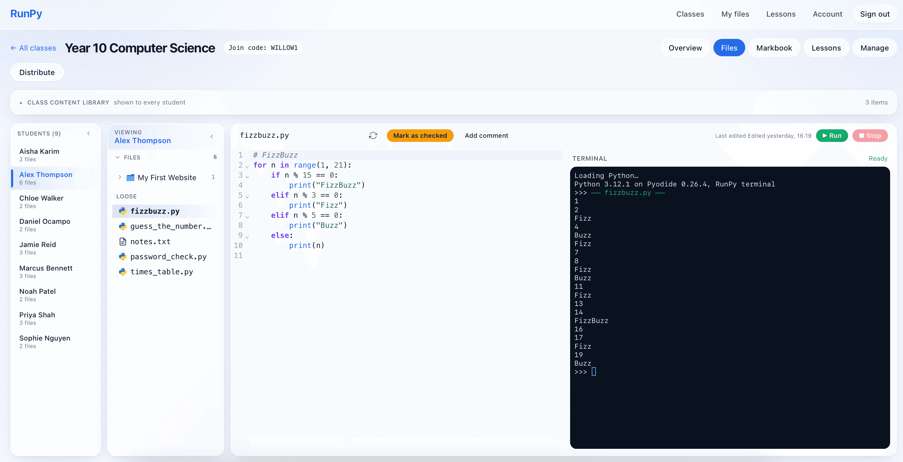 Teacher class workspace with the student list, the selected student's files, their code in the editor and the terminal on the right.