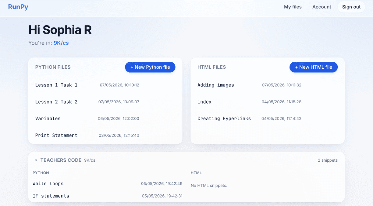 Student dashboard listing Python and HTML files plus the teacher's snippets