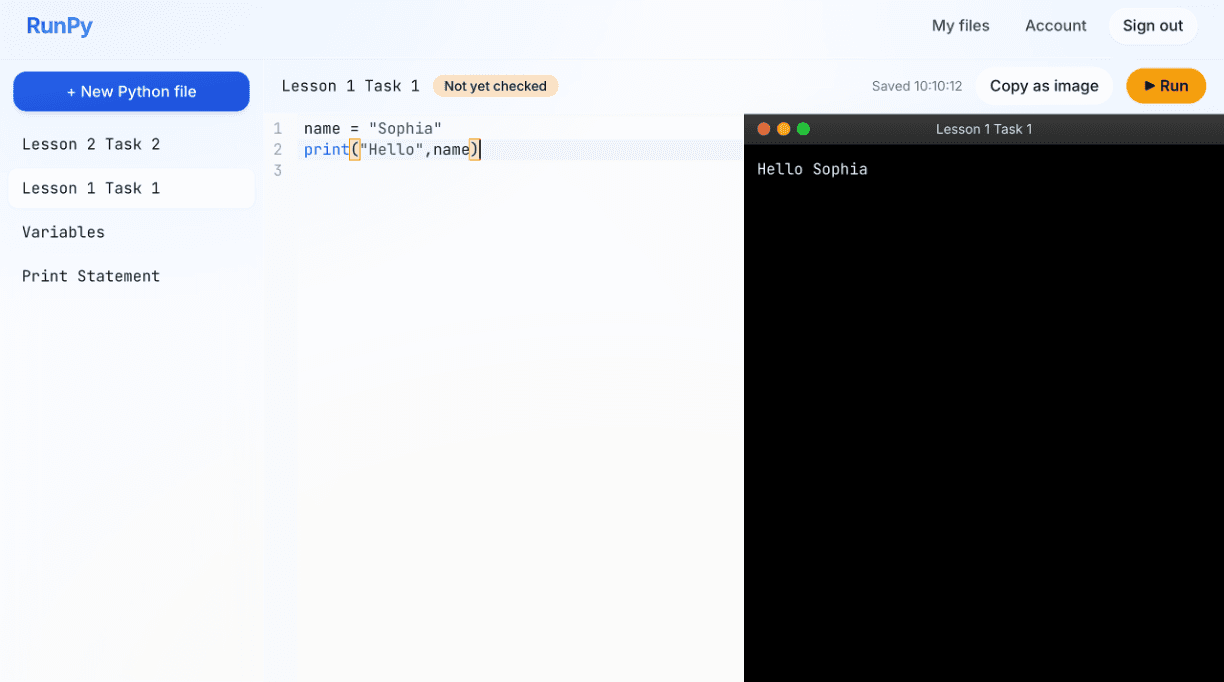 The RunPy code editor — running a Python file in the browser.