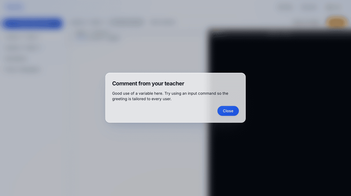Student opening a file and seeing a comment from their teacher in a centered modal