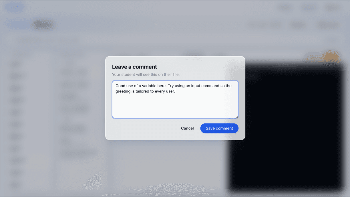 Teacher Leave a comment modal with the message they're writing for the student