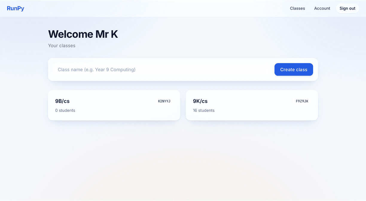 Teacher dashboard listing two classes 9B/cs and 9K/cs with their join codes