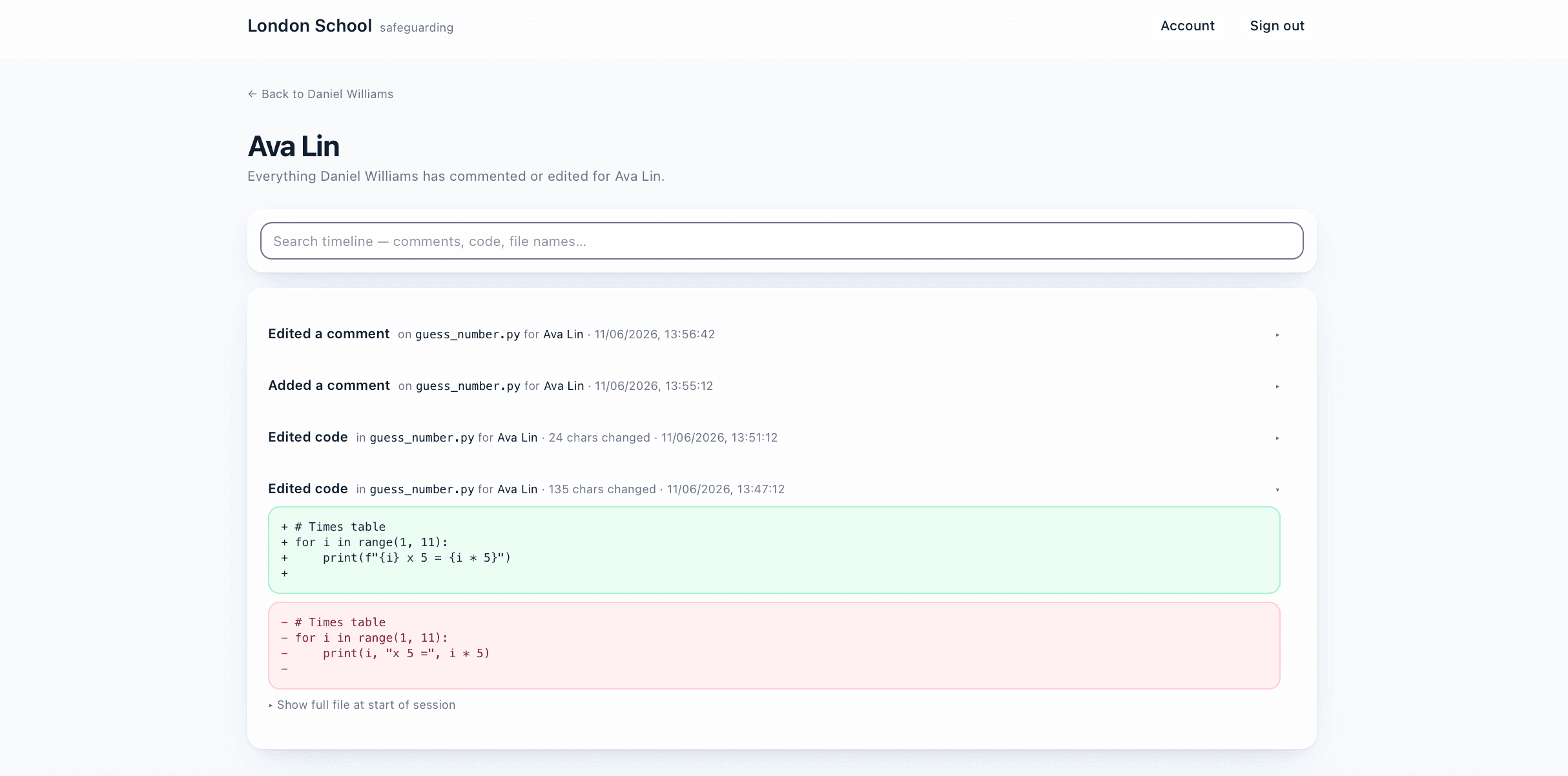 Code edit row expanded to show added and removed lines.