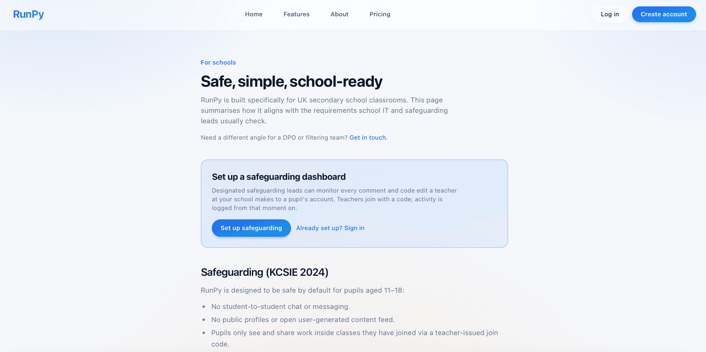 RunPy For Schools page with the Set up a safeguarding dashboard call-to-action.