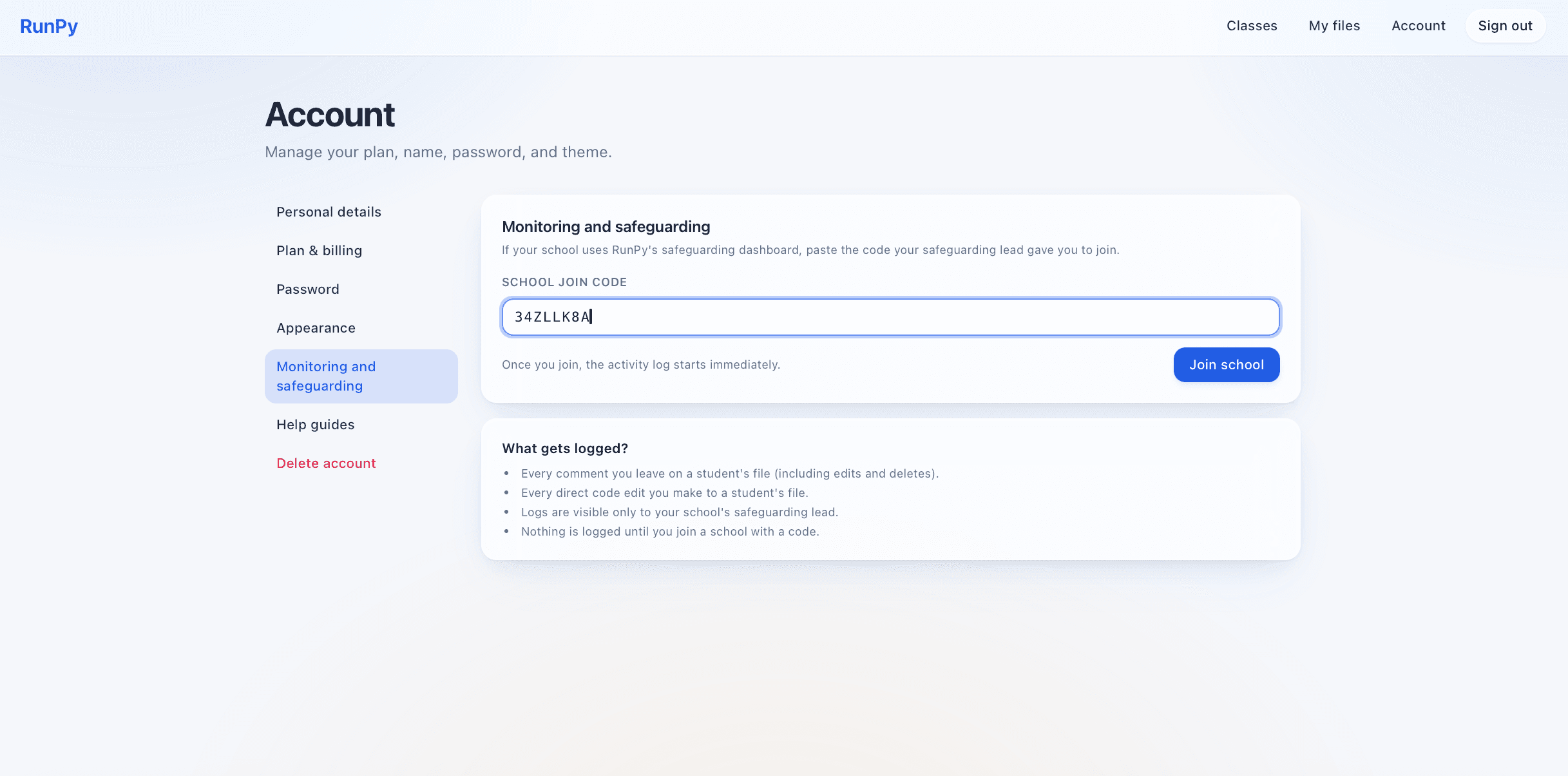 Teacher account page with the school join-code input.