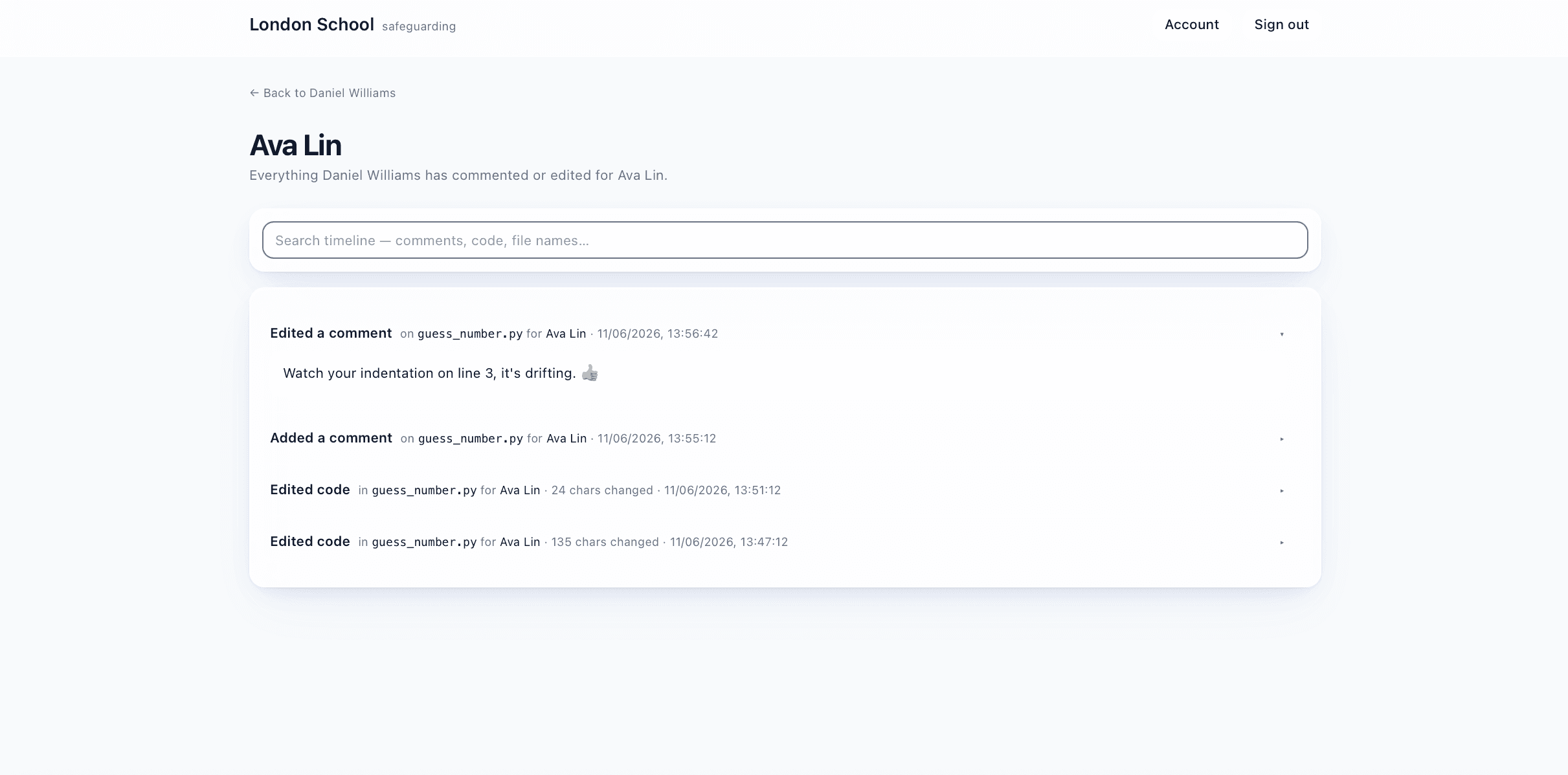 Per-pupil timeline showing added, edited and deleted comments on a pupil's file.