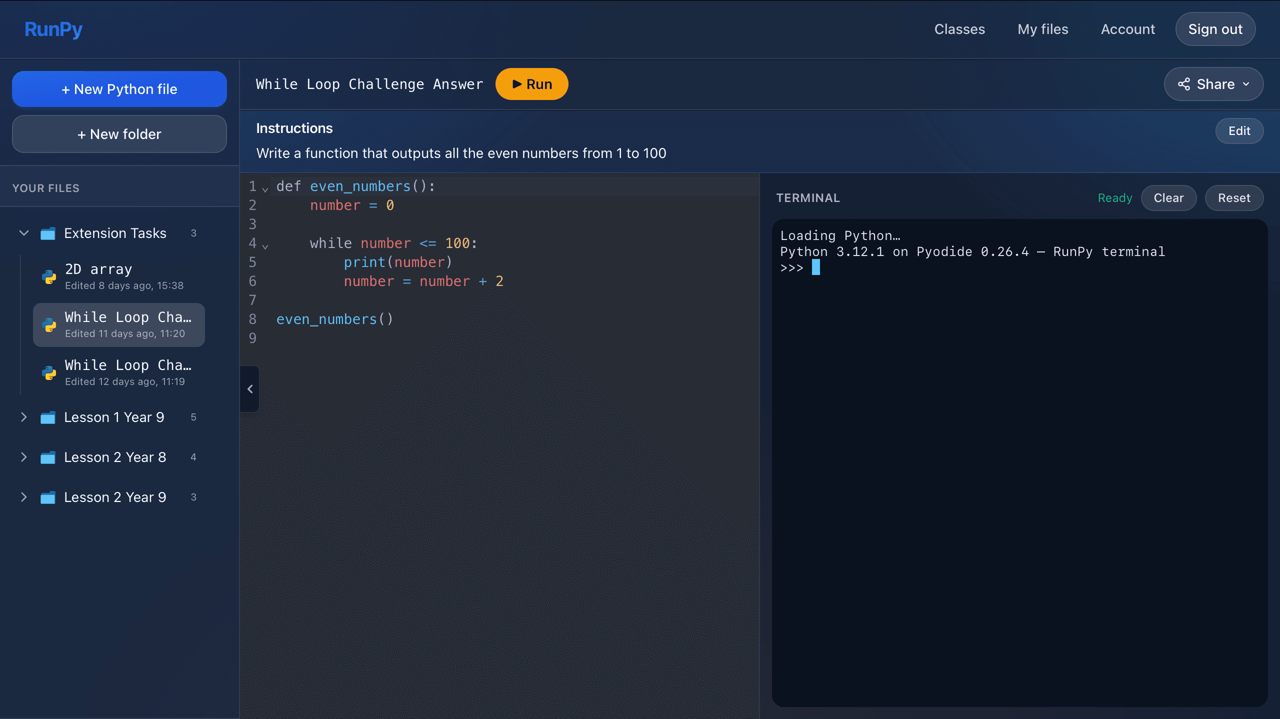 RunPy IDE in dark mode showing the file sidebar, an even_numbers Python solution, and the terminal on the right.