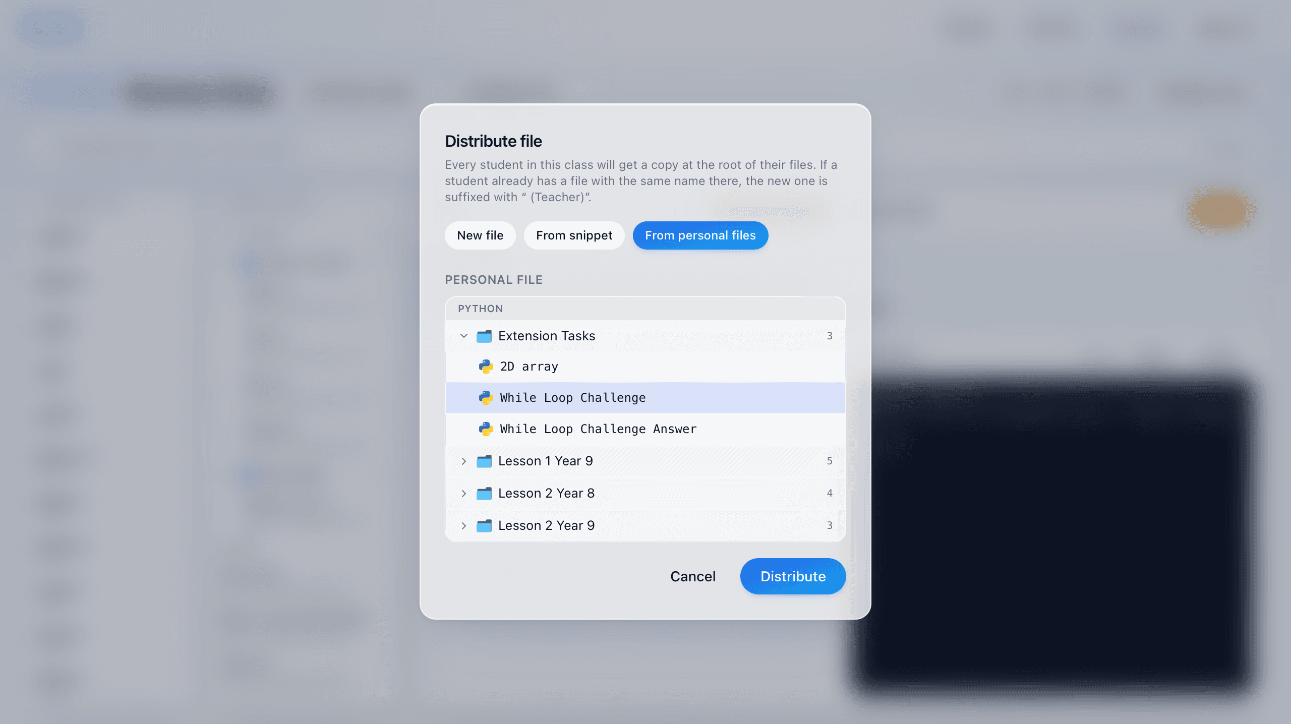 Distribute folder dialog with three options — New folder, From snippet folder, From personal files — and a list of personal folders to send to the class.