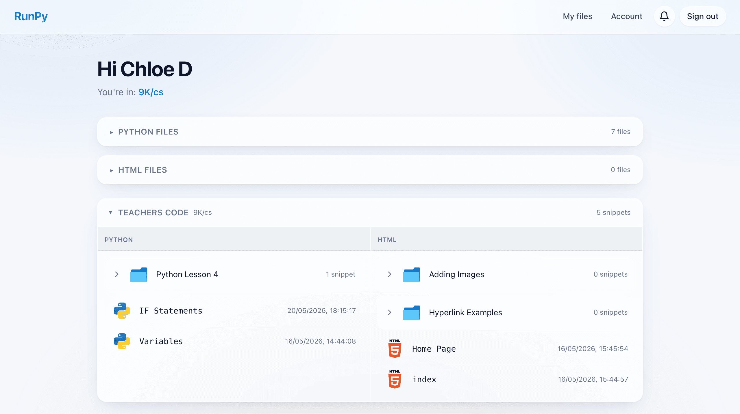 Student dashboard showing a Teachers Code panel with Python snippets and folders alongside HTML snippets and folders.
